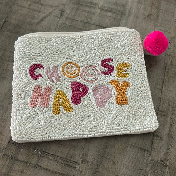 White Sead Beaded Purse “Choose Happy" Pom Pom Accent Pastel Lettering Coquettes - Picture 5 of 8